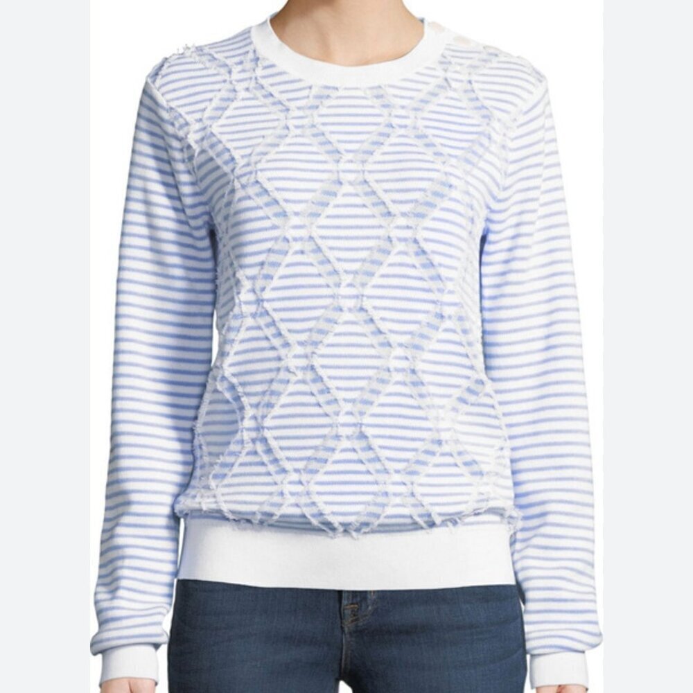 Derek Lam 10 Crosby Blue White Stripe Diagonal Fringe Crewneck Sweater Sz S‎